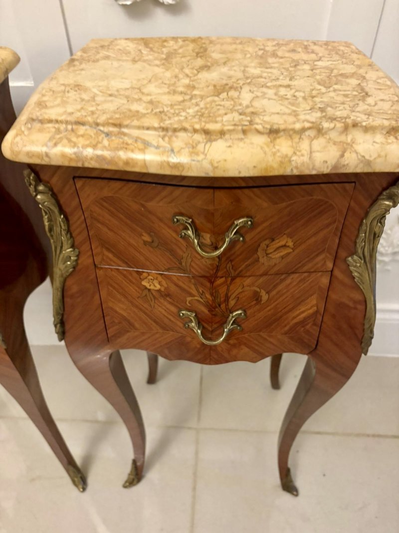 Exceptional Antique Pair of Louis XV Style Kingwood and Marble-Top Bedside Cabinets